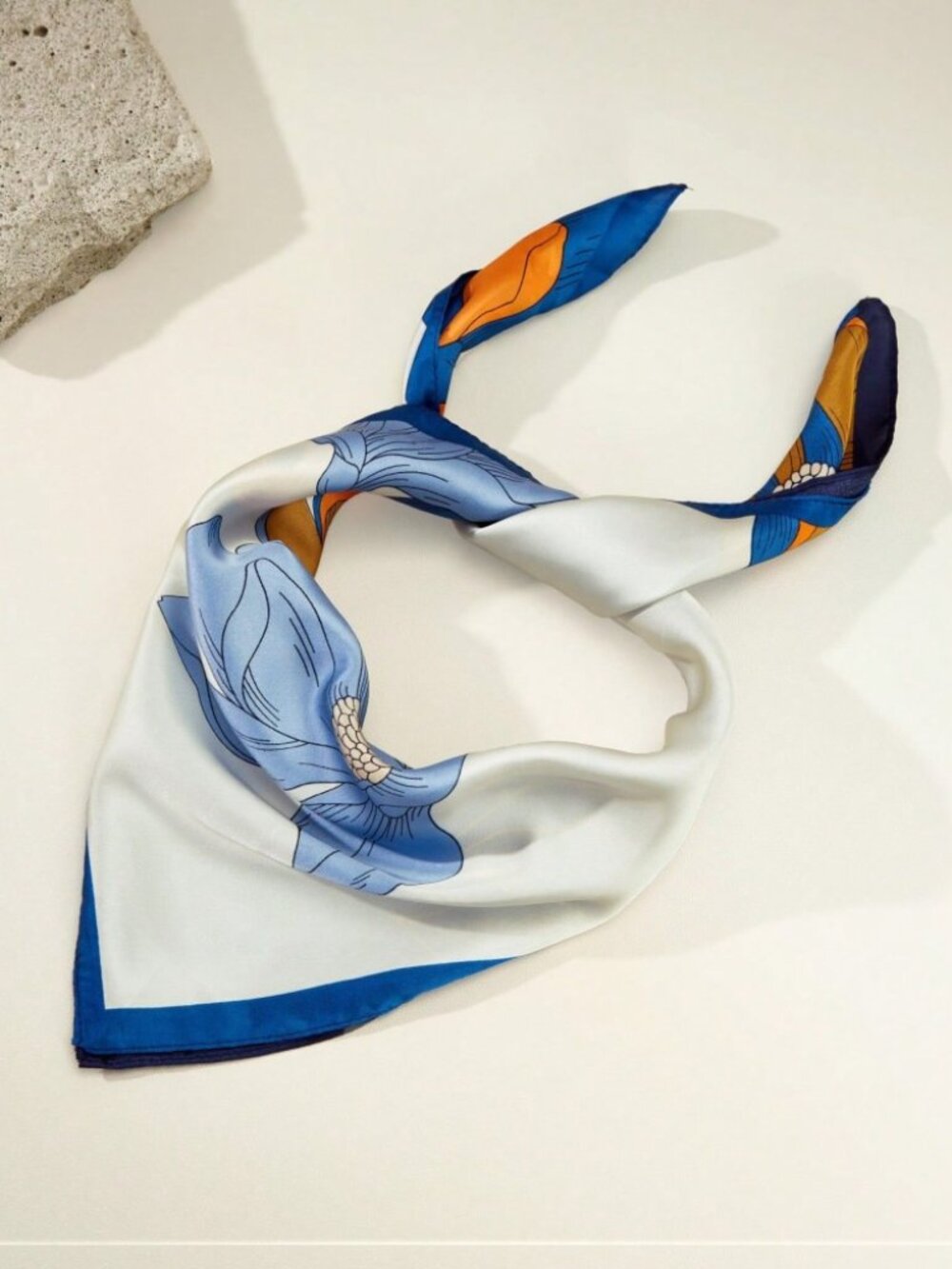 Blue Floral Print Square Scarf - Ivory & Cobalt Silky Bandana